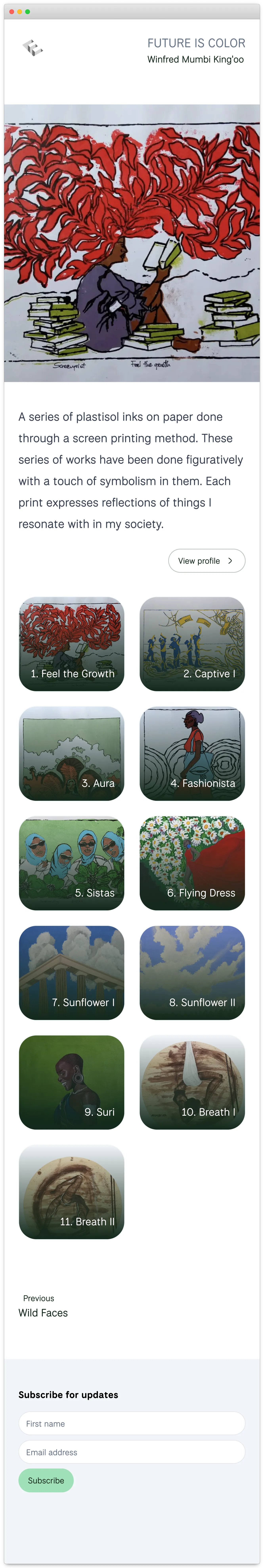 The exhibition page on a mobile phone, with content arranged in a single column.