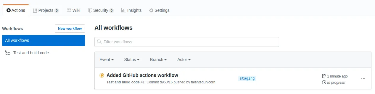 GitHub Actions running tests and build