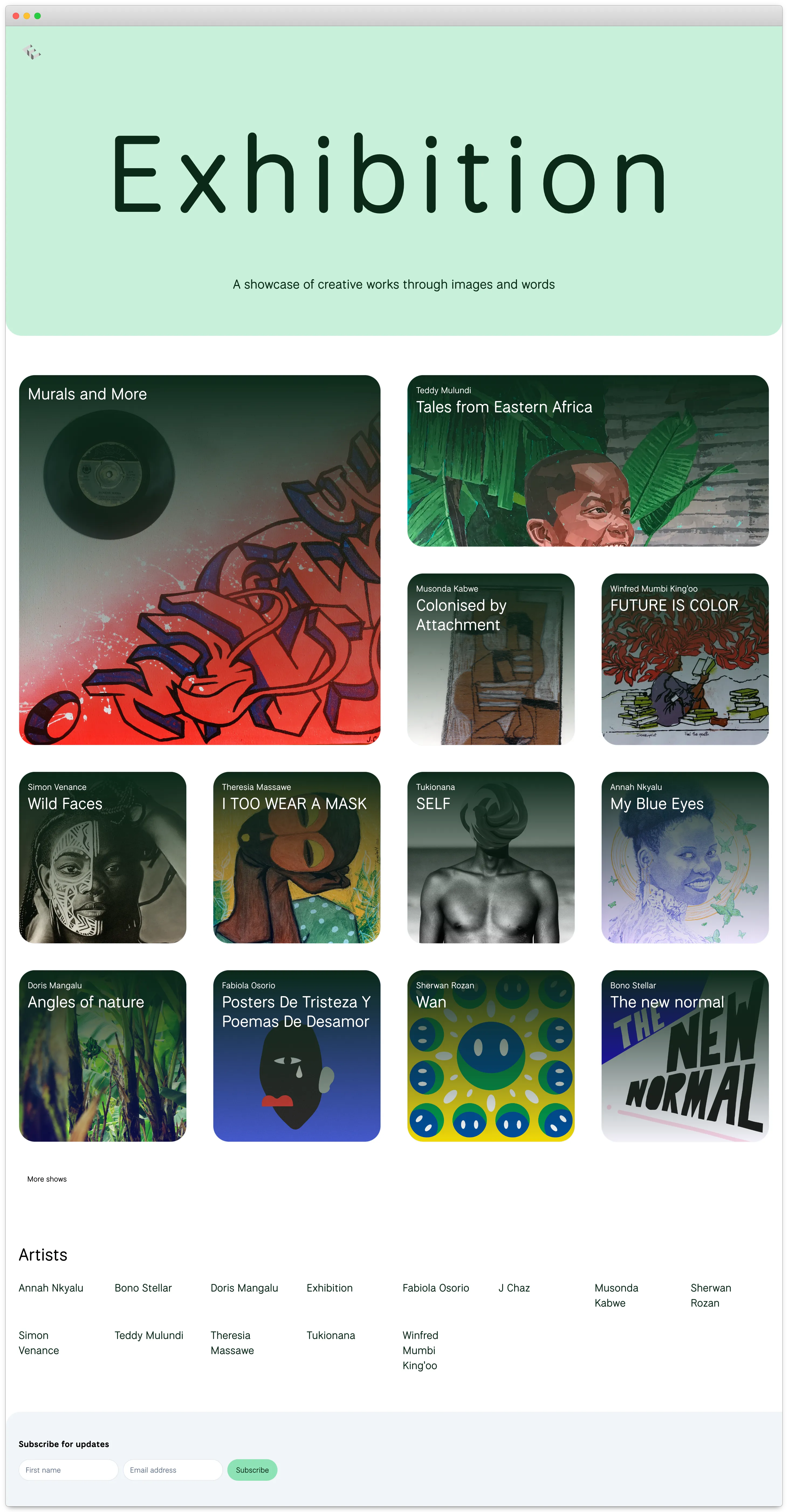 Screenshot of the Exhibition website homepage on a desktop computer.